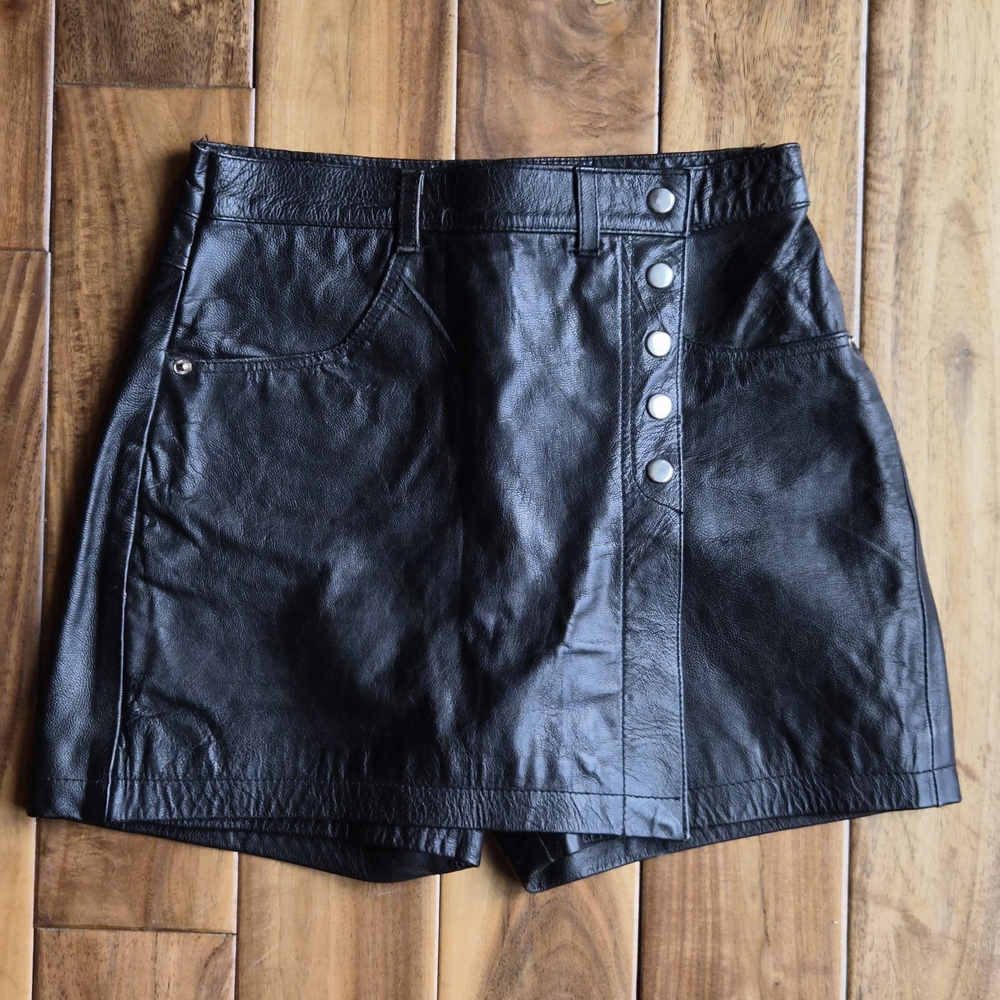 Vintage Genuine Leather Black Mini Skort